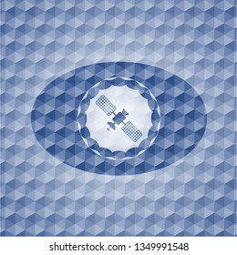 satelite icon inside blue polygonal emblem.