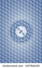 satelite icon inside blue polygonal emblem.