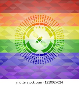 satelite icon inside emblem on mosaic background with the colors of the LGBT flag