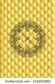 satelite icon inside gold badge or emblem. Scales pattern. Vector Illustration. Detailed.