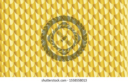 satelite icon inside gold badge or emblem. Scales pattern. Vector Illustration. Detailed.