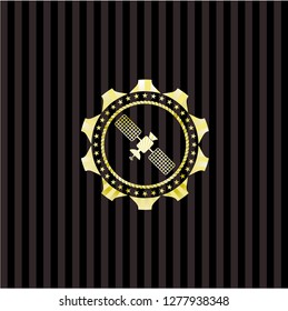 satelite icon inside gold emblem or badge