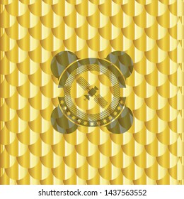 satelite icon inside gold shiny badge. Scales pattern. Vector Illustration. Detailed.