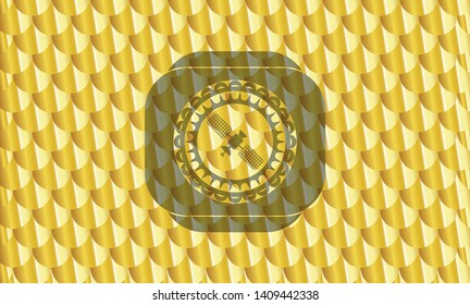 satelite icon inside golden badge. Scales pattern. Vector Illustration. Detailed.