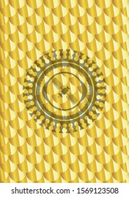 satelite icon inside golden badge. Scales pattern. Vector Illustration. Detailed.
