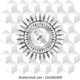 Satelite Icon Inside Grey Badge With Geometric Cube White Background