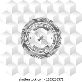 Satelite Icon Inside Grey Badge With Geometric Cube White Background