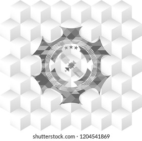 Satelite Icon Inside Grey Badge With Geometric Cube White Background