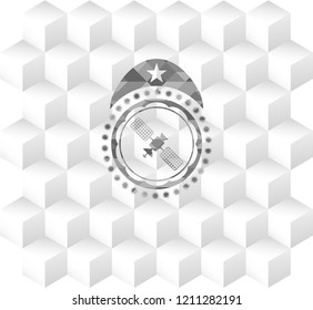 Satelite Icon Inside Grey Badge With Geometric Cube White Background