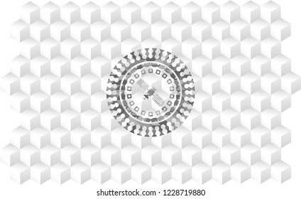 Satelite Icon Inside Grey Badge With Geometric Cube White Background