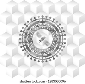 Satelite Icon Inside Grey Badge With Geometric Cube White Background