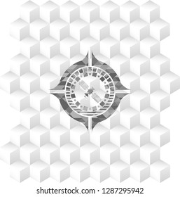 Satelite Icon Inside Grey Badge With Geometric Cube White Background