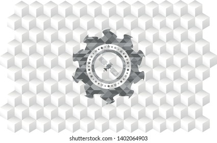 Satelite Icon Inside Grey Badge With Geometric Cube White Background