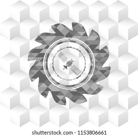 Satelite Icon Inside Grey Emblem With Geometric Cube White Background