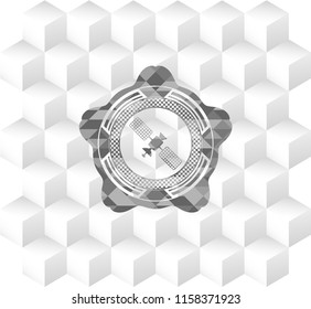 Satelite Icon Inside Grey Emblem With Cube White Background