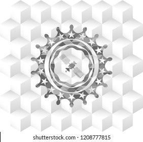 satelite icon inside grey icon or emblem with geometric cube white background