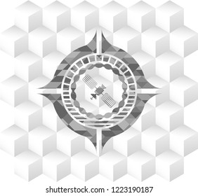 Satelite Icon Inside Grey Emblem With Geometric Cube White Background