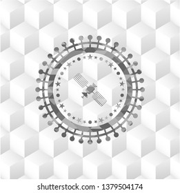 satelite icon inside grey emblem. Retro with geometric cube white background