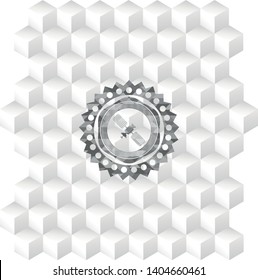 satelite icon inside grey emblem. Vintage with geometric cube white background
