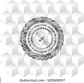 Satelite Icon Inside Grey Emblem With Geometric Cube White Background. 