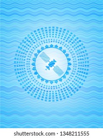 satelite icon inside light blue water style badge.