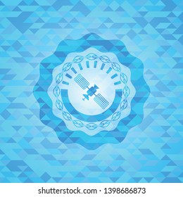 satelite icon inside light blue emblem. Mosaic background