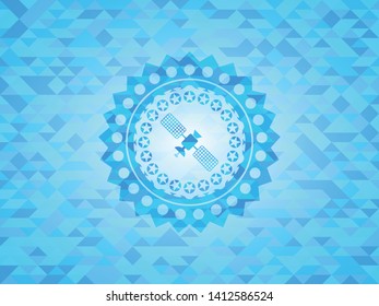 satelite icon inside light blue emblem. Mosaic background