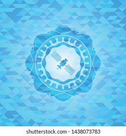 satelite icon inside light blue emblem with mosaic ecological style background