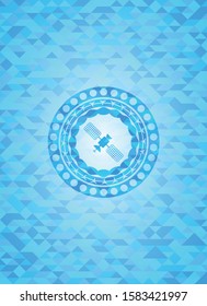 satelite icon inside light blue emblem. Mosaic background