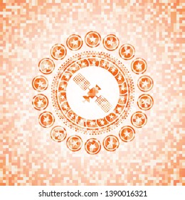 satelite icon inside orange mosaic emblem with background