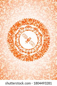 satelite icon inside orange mosaic emblem with background. 