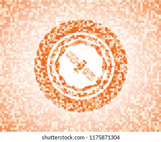 satelite icon inside orange tile background illustration. Square geometric mosaic seamless pattern with emblem inside.