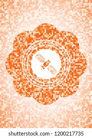 satelite icon inside orange tile background illustration. Square geometric mosaic seamless pattern with emblem inside.