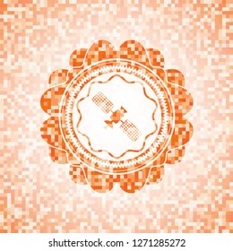 satelite icon inside orange tile background illustration. Square geometric mosaic seamless pattern with emblem inside.