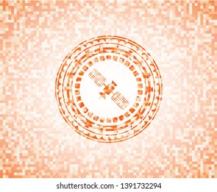 satelite icon inside orange tile background illustration. Square geometric mosaic seamless pattern with emblem inside.