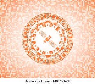 satelite icon inside orange tile background illustration. Square geometric mosaic seamless pattern with emblem inside.