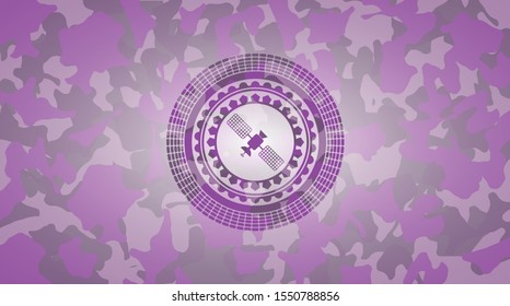 satelite icon inside pink and purple camo emblem