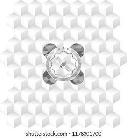 satelite icon inside realistic grey emblem with geometric cube white background