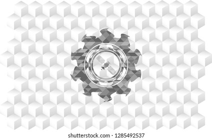 Satelite Icon Inside Realistic Grey Emblem With Cube White Background