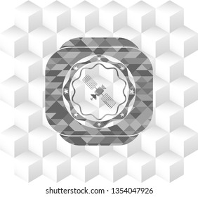 Satelite Icon Inside Realistic Grey Emblem With Cube White Background