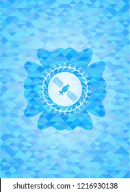 satelite icon inside realistic light blue emblem. Mosaic background