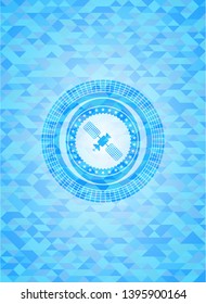 satelite icon inside realistic light blue emblem. Mosaic background