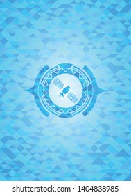 satelite icon inside realistic light blue mosaic emblem