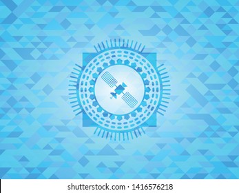 satelite icon inside realistic light blue emblem. Mosaic background