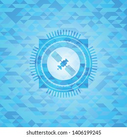 satelite icon inside realistic sky blue emblem. Mosaic background