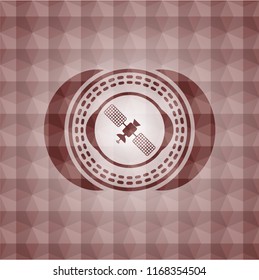 satelite icon inside red badge with geometric pattern background. Seamless.