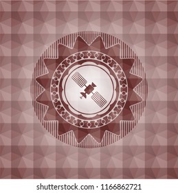 satelite icon inside red emblem or badge with abstract geometric polygonal pattern background. Seamless.