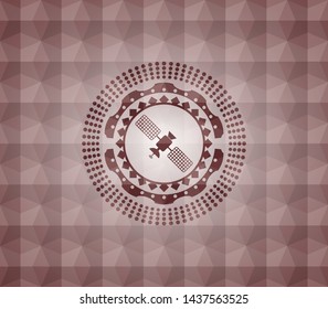 satelite icon inside red emblem with geometric background. Seamless.