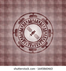 satelite icon inside red emblem or badge with abstract geometric polygonal pattern background. Seamless.