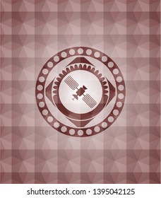 satelite icon inside red geometric pattern emblem. Seamless.